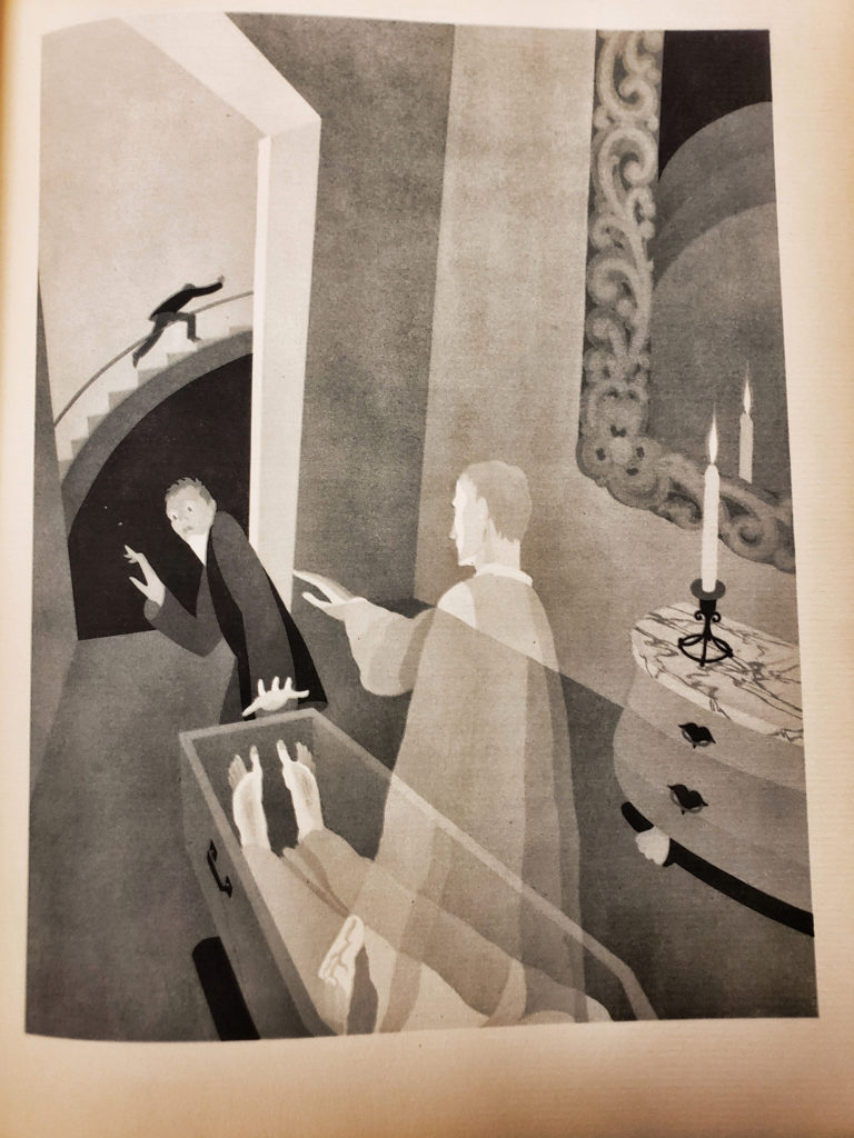  Black, white, and tan illustration of a man, a deceased human body, and a ghost emerging from the body in a room lit with a candle and a staircase in the background.