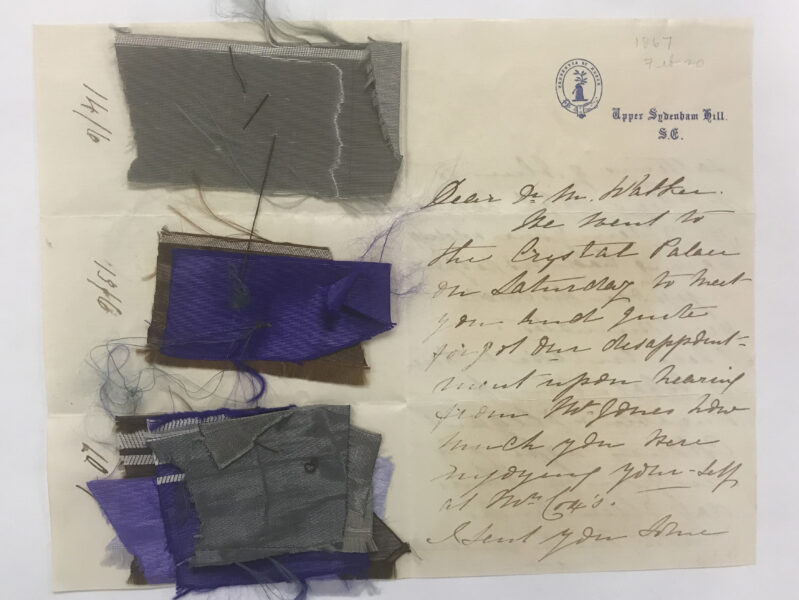 19th century letter with fabric samples stitched on back