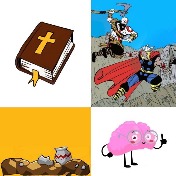 4 squares of cartoon-like drawings: bible in top left corner, fighting superheroes in top right corner, pottery on rocks in bottom left corner, brain wearing glasses in bottom right corner