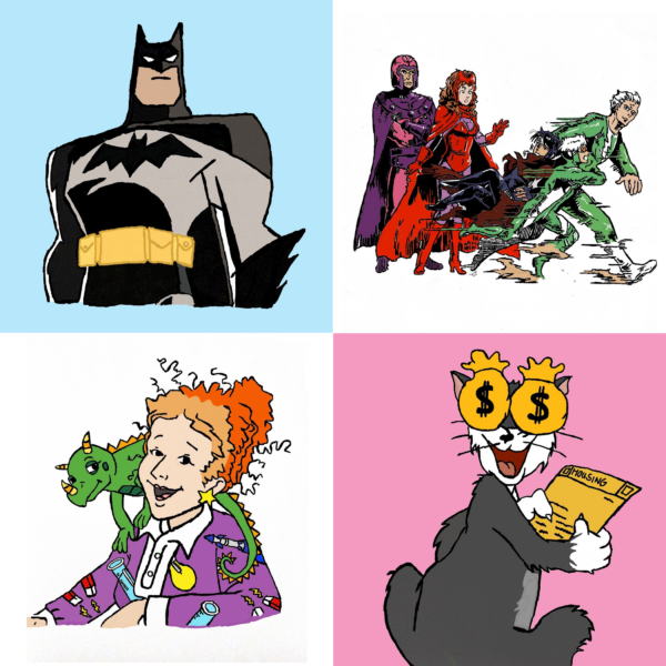 4 squares of cartoon-like drawings: top left corner batman; top right corner superheroes; bottom left corner mrs. frizzle and lizard; bottom right corner cat with dollar signs in eyes