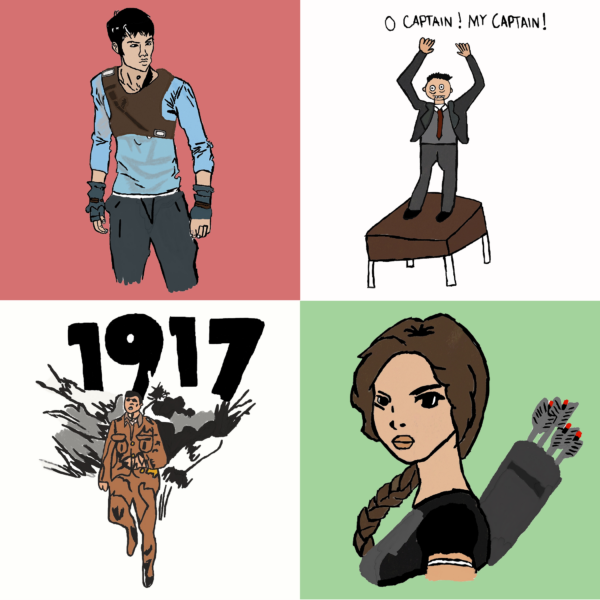 4 squares of cartoon-like drawings: top left corner young man in street clothes; top right corner man in suit shouting 'o captain! my captain!'; bottom left corner solder under numbers 1917; bottom right corner young warrior woman carrying arrows